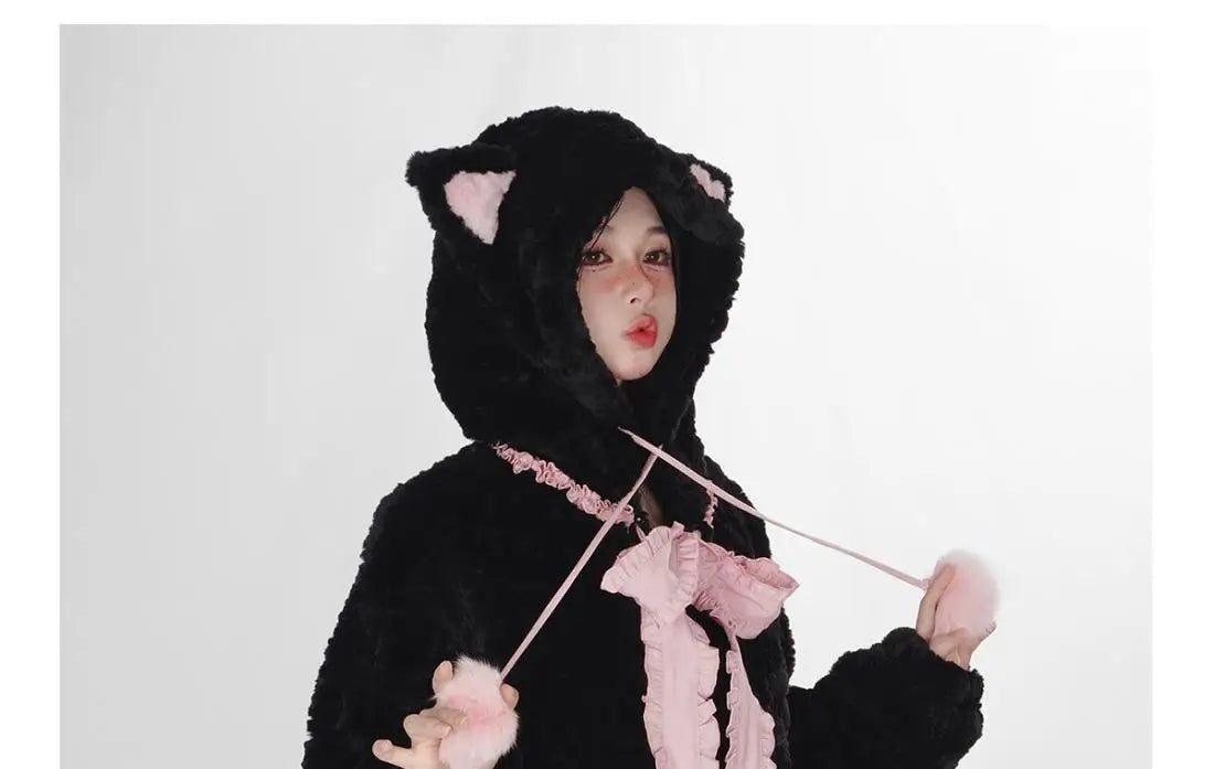 Harajuku Little Wildcat Hoodies Women Bodysuit Black Tie Bowknot Cute