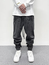 hip hop loose fit elastic waist pants fashion paisy ankle pants mens casual letter embroidery drewstring sportwear pants joggers urban active pants