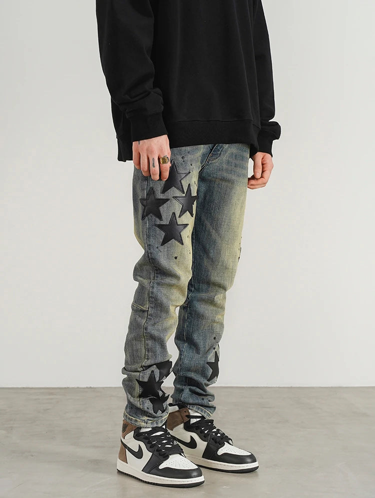 star appliques denim jeans skinny trousers slim fit men new casual biker jeans fashion streetwear hip hop trousers pants joggers unique joggers style 3552