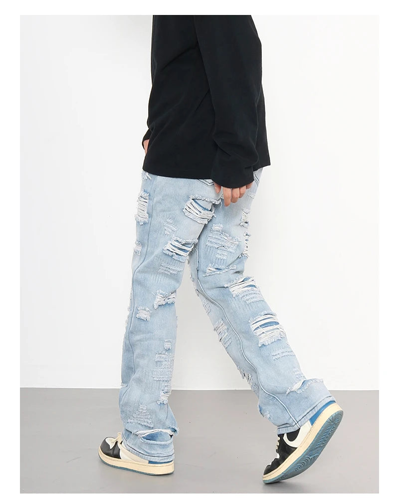 men distressed ripped destroied holes denim jean pants fashion zipper biker jeans streetwear flare pants joggers y2k men s jeans unique joggers style 3804