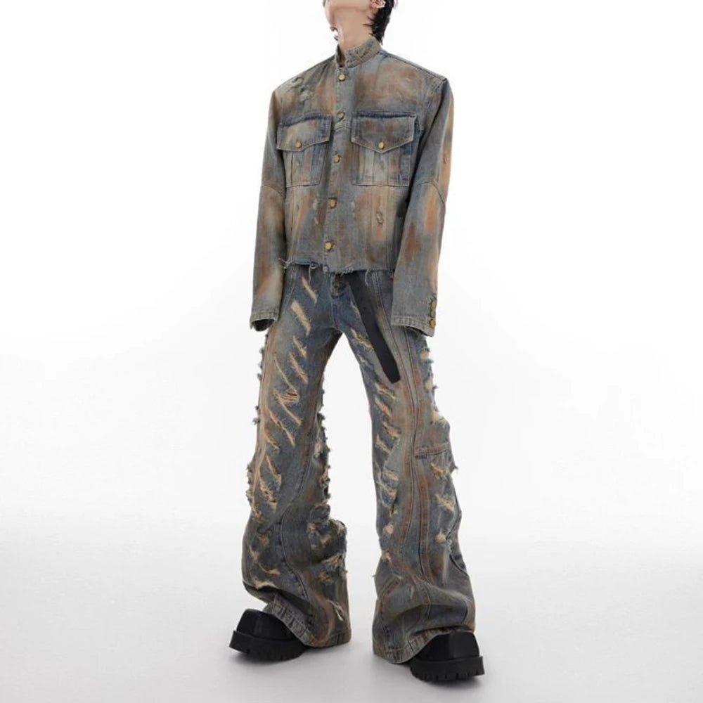 mens denim jacket jeans wilderness construction site style distressed washed holes street wear fashion versatile mens wear 2024 unique jeans style 202