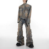 mens denim jacket jeans wilderness construction site style distressed washed holes street wear fashion versatile mens wear 2024 unique jeans style 202