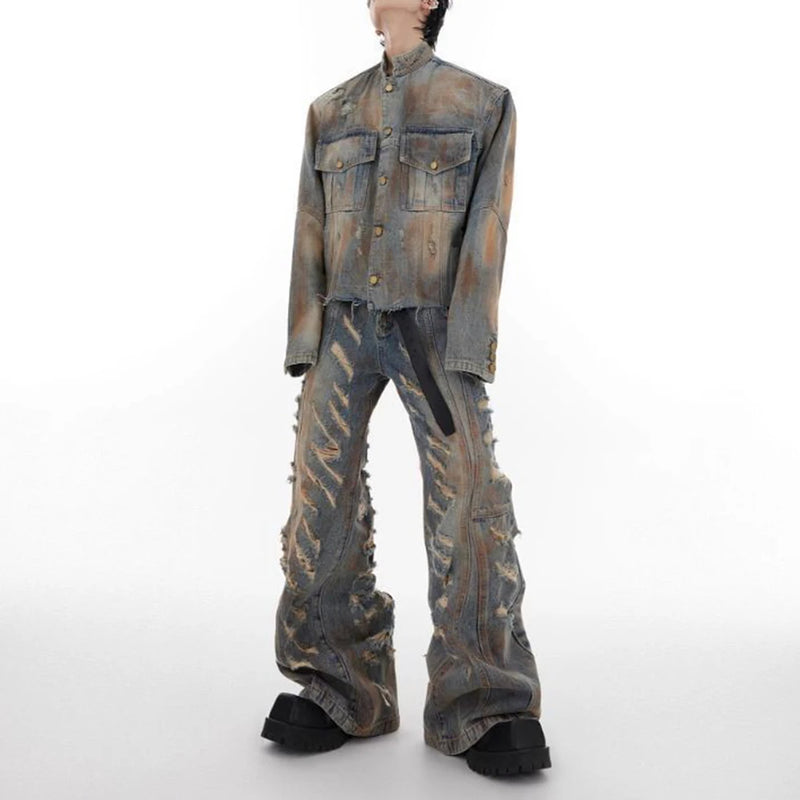 mens denim jacket jeans wilderness construction site style distressed washed holes street wear fashion versatile mens wear 2024 unique jeans style 202