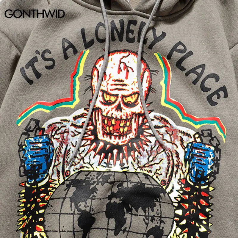 Punk Hoodie Men Streetwear Hip Hop Skull Skeleton Print Gothic Fleece