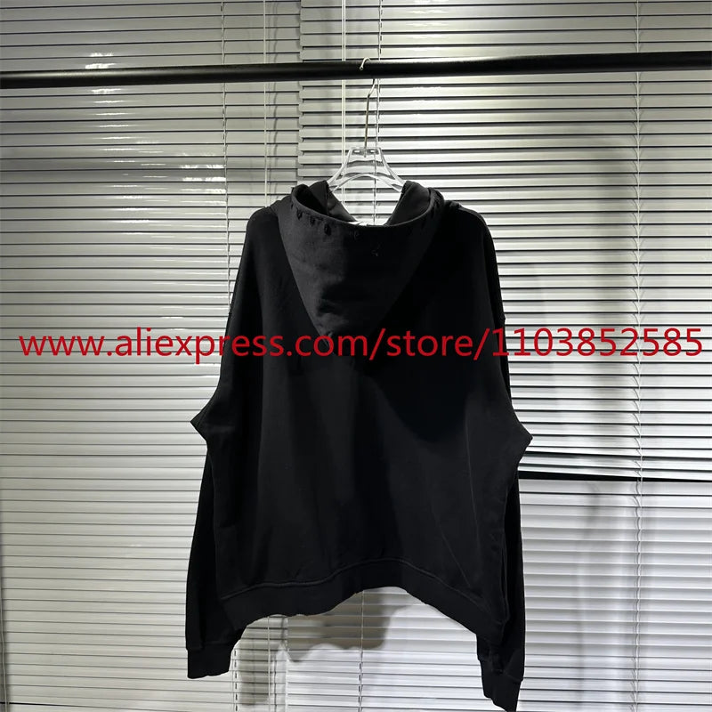 2024 Autumn Winter High Street Basic Vintage Damaged Hole Loose Hoodie
