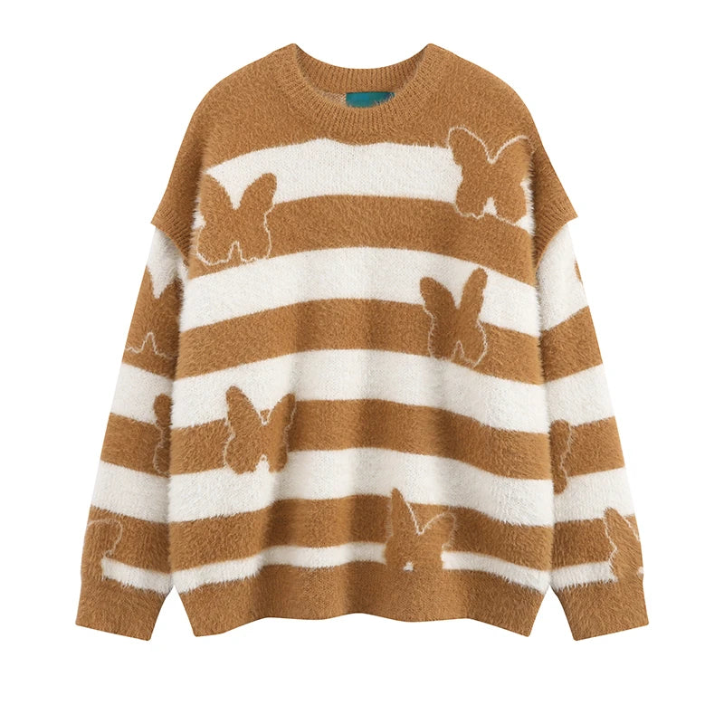 fashion striped sweaters women casual botton open sleeves butterfly knitted streetwear y2k warm furry o neck pullover knitwear - graphic printed hoodie for men and women, urban fashion pullover, soft fleece-lined outerwear