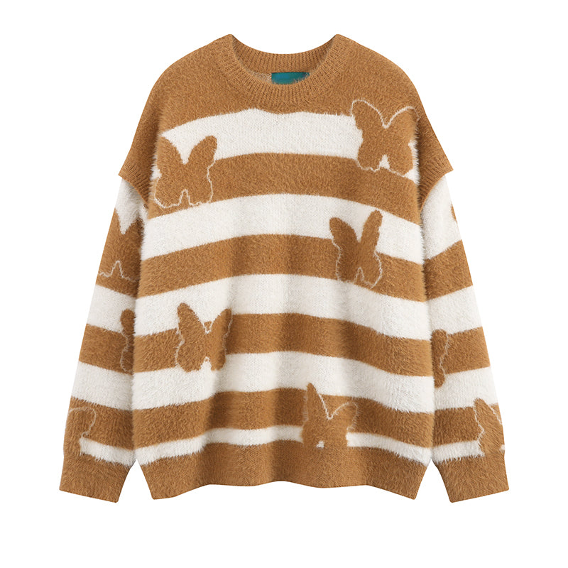 fashion striped sweaters women casual botton open sleeves butterfly knitted streetwear y2k warm furry o neck pullover knitwear - Y2K grunge street style, urban fashion pullover, unisex casual winter pullover
