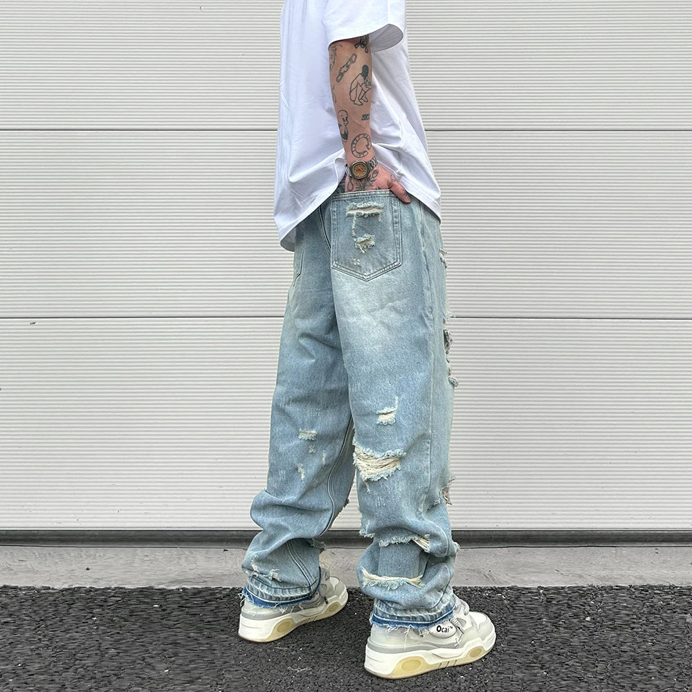 washed blue oversized torn jeans for men streetwear hip hop large destroyed wide leg jeans baggy straight ripped denim pants unique jeans style 5438