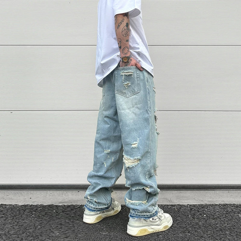 washed blue oversized torn jeans for men streetwear hip hop large destroyed wide leg jeans baggy straight ripped denim pants unique jeans style 5438