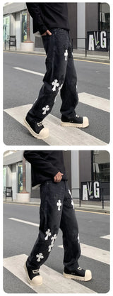 men embroidery streetwear brand fashion hip hop loose casual straight motorcycle denim jeans pant cityboy y2k jeans trousers unique jeans style 2494