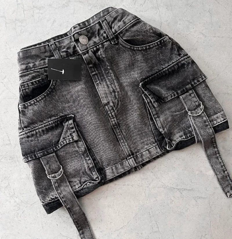 Vintage Y2K New Harajuku Multiple Pockets Denim Plaid Skirt Goth Black Mini Skir Fashion Womens Casual Versatile Sexy Streetwear