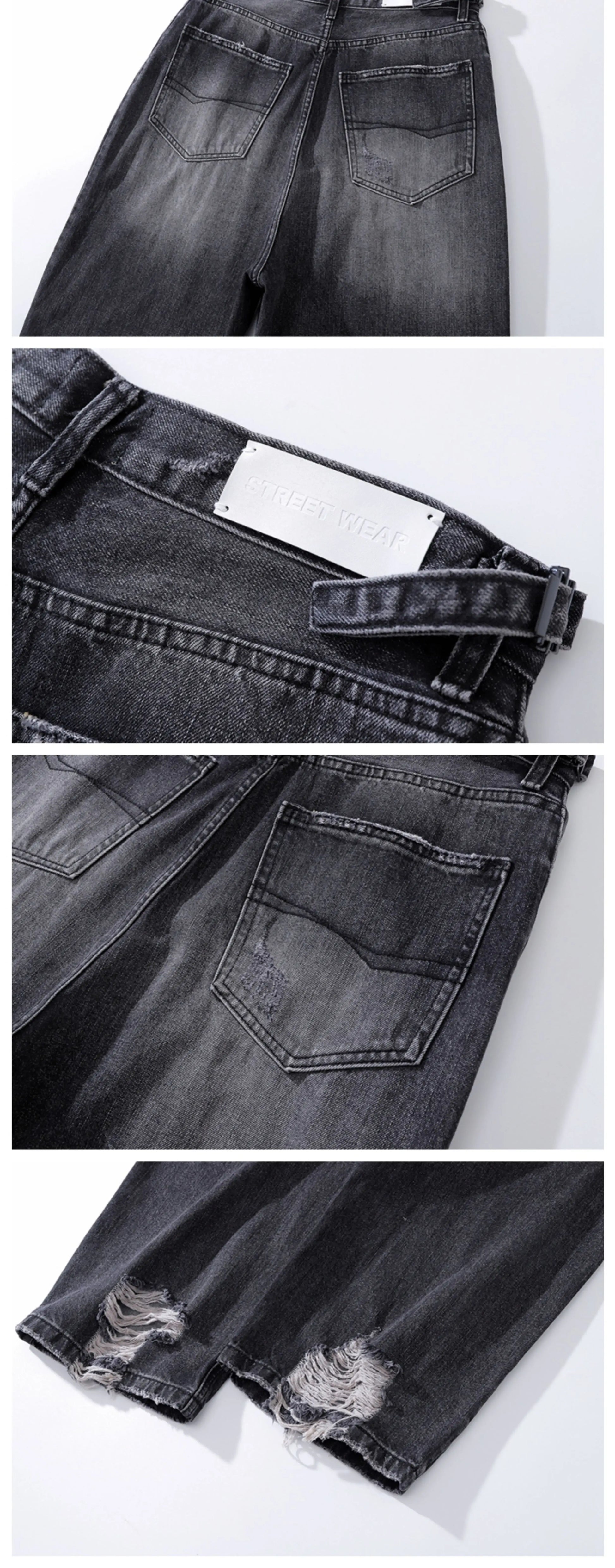 baggy damaged heavy industry washed jeans pants vibe loose casual silhouette straight worn pants knee ripped denim trousers unique jeans style 1189