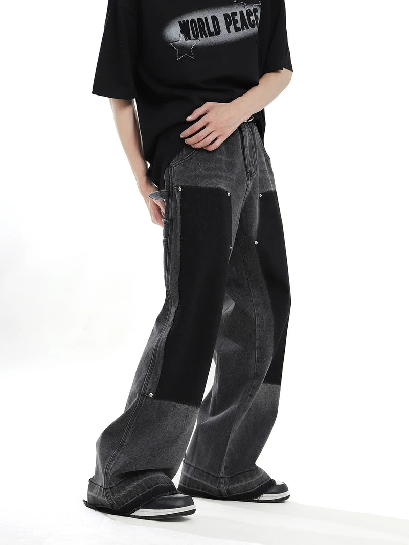 hip hop graffiti black wide leg jeans mens vintage distressed patches ink splashed jeans y2k logging cargo denim trousers women unique cargo style 4503