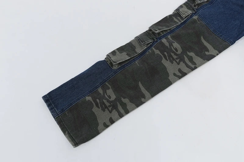 street wear camouflage patchwork cargo flared jeans harajuku unisex functional side multiple pockets camou jeans pants baggy unique cargo style 4440