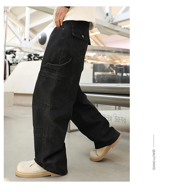 men american streetwear fashion loose casual hip hop wide leg black denim baggy jeans pants man y2k cargo jeans trousers unique cargo style 2335