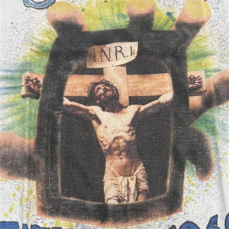 24SS New Vintage Retro Cross Printing Washed Distressed Short Sleeves T-Shirt Tops