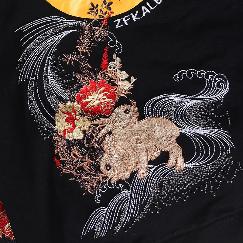 2023 Men Hip Hop Hoodie Sweatshirt Embroidered Floral Full Moon Rabbit Harajuku Streetwear Hoodie Pullover Cotton Autumn Hipster