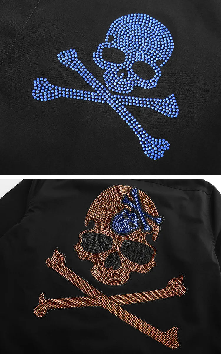 New 2021 Men luxurious Steampunk Skull Monster diamond Fashion Silk Casual Shirts Shirt high Pocket Long-sleeves S 3XL #D279