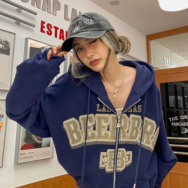 Hoodies Women Retro Harajuku Hip Hop Jacket High Street Zip Up Hoodie