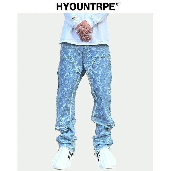 men distressed ripped patchwork paisley denim jean trouser fashion zipper biker jeans streetwear flare pants loose joggers jeans sporty tapered joggers