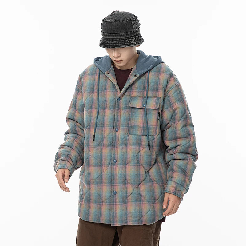 Winter Quilted Thick Plaid Hooded Jacket Men Wmen Streetwear Fashion Oversize Loose Casual Hoody Jacket Padded-cotton Parka Coat