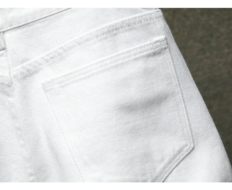 new white jeans shorts men fashion ripped knee length pants simple casual slim hole denim shorts male streetwear unique jeans style 1192