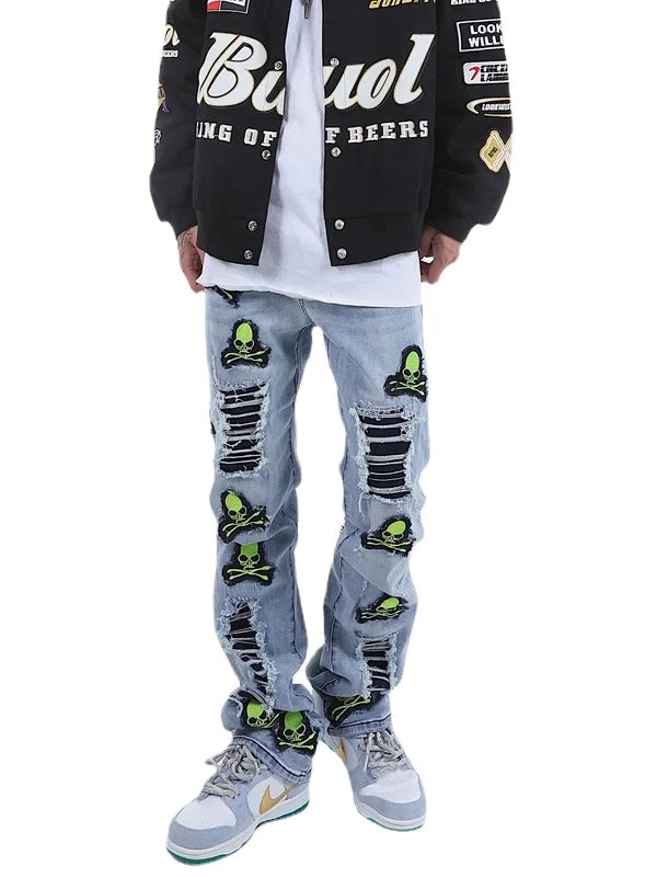 skull embroidery patchwork ripped denim jean pants fashion biker straight trousers streetwear hip hop joggers pant men clothing sporty tapered joggers
