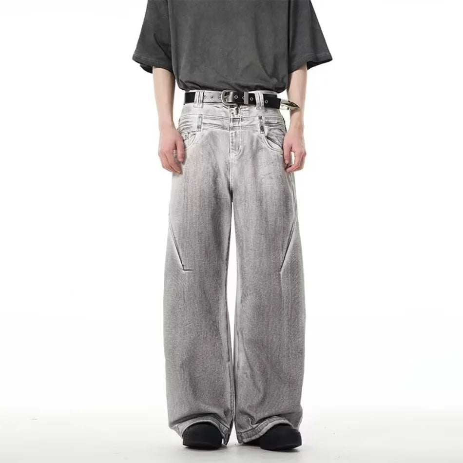 street mens jeans hip hop double waist head gradient smudging trend denim pants y2k 2024 new streetwear american cowboy trousers unique jeans style 466