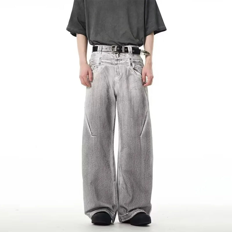street mens jeans hip hop double waist head gradient smudging trend denim pants y2k 2024 new streetwear american cowboy trousers unique jeans style 466