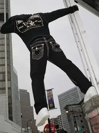 hip hop y2k pants true religion gothic fashion embroidered street leisure straight leg wide leg baggy jeans women clothing stacked flare jeans