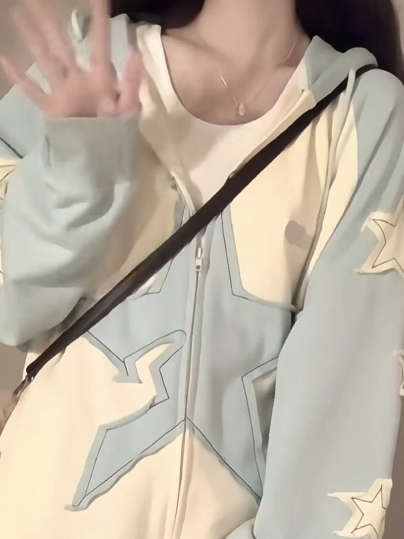 Spring Autumn Streetwear Star Graphic Zip Up Hoodie Women Vintage Y2K
