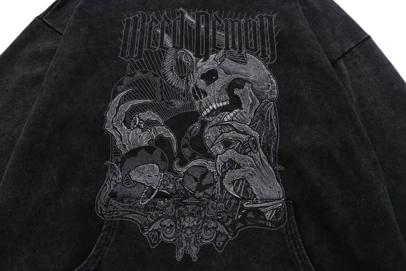 Men Hip Hop Hoodie Streetwear Vintage Skeleton Skull Devil Print Distr