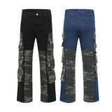 street wear camouflage patchwork cargo flared jeans harajuku unisex functional side multiple pockets camou jeans pants baggy unique cargo style 4437