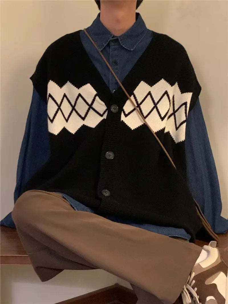 autumn japanese 3 piece set men women college knitted vest jogging pant long sleeve shirts vintage wide leg baggy casual suits unique default style 4936
