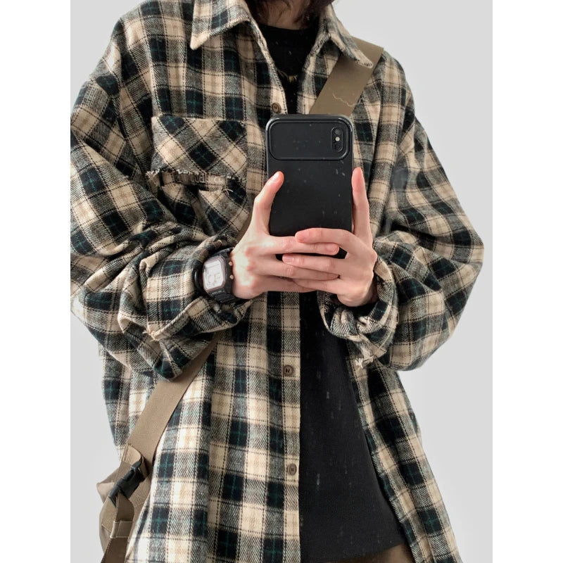 japanese college mens sets rough edge embroidery plaid shirt jackets big pocket retro cargo pants 2 pcs 2024 new casual suits military streetwear pants