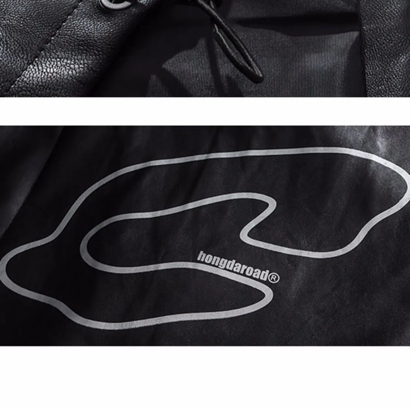 Mens Leather Bomber Jacket Women Hip Hop Letter Motorcycle Loose Casual PU Coat Unisex High Street Racing Varsity Black Outwear