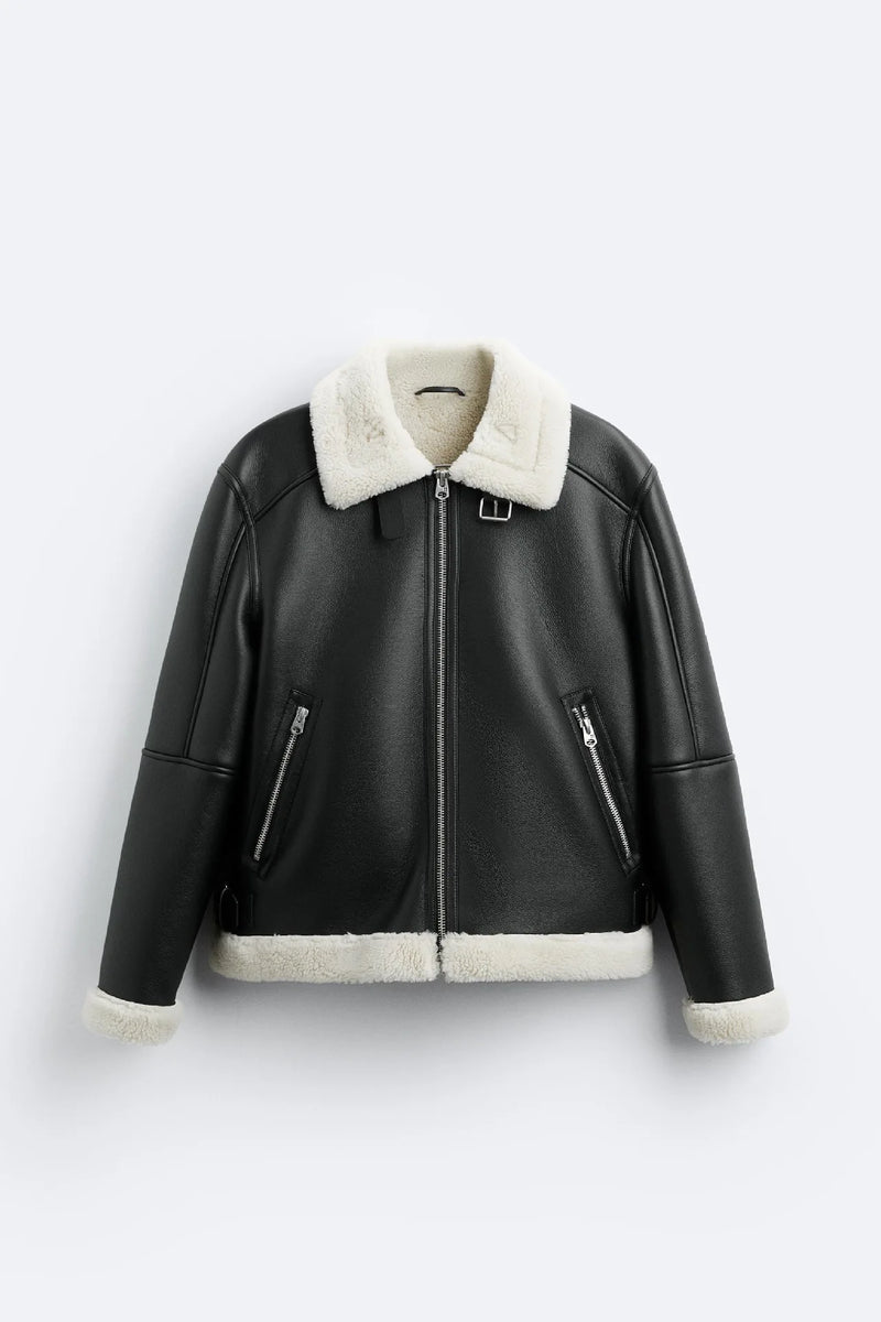 Warm Winter High-quality Lapel Suede Cashmere Piping Double-sided Motorcycle Punk Leather Jacket For Men