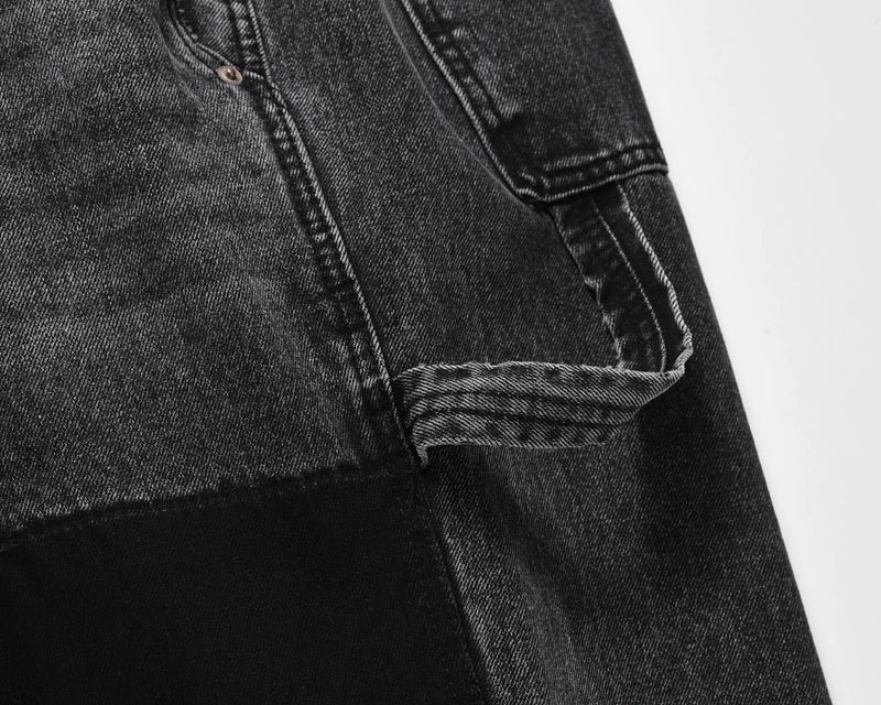patchwork graffiti black straight denim pants mens vintage patches stitching ink splashed jeans y2k logging cargo pants for male unique cargo style 1489