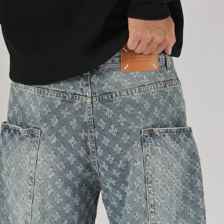 men brand fashion loose casual splice pocket jacquard vintage wide leg baggy jeans cityboy denim baggy jeans pants trousers unique jeans style 2973