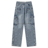 distressed ripped vintage blue baggy jeans men multi pocket cargo jeans casual loose denim pants streetwear harajuku jeans utility cargo pants