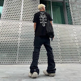 y2k streetwear trendy oversized micro flare jeans black ro hip hop washed tassel distressed denim jean raw edge mens wide pants stacked flare jeans
