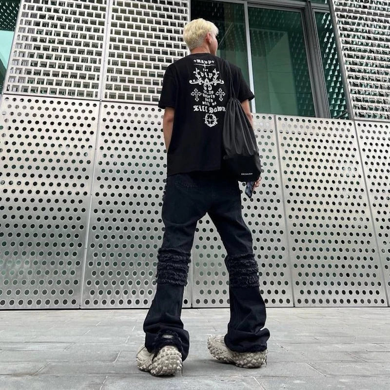 y2k streetwear trendy oversized micro flare jeans black ro hip hop washed tassel distressed denim jean raw edge mens wide pants stacked flare jeans