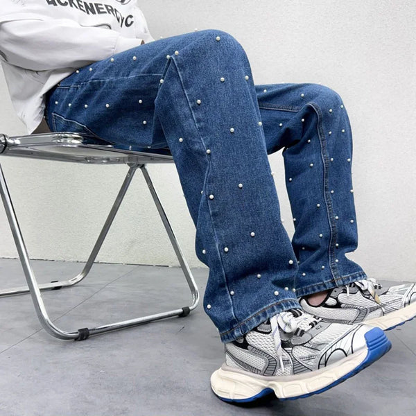 men bead streetwear fashion hip hop vibe loose casual wide leg straight denim jeans baggy pant man boyfriend jeans trousers ripped baggy denim