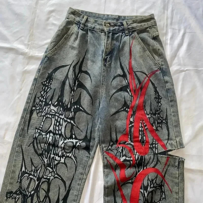 street popular gothic print spot jeans men y2k new harajuku casual loose straight wide leg pants couple joker punk denim trouser ripped baggy denim