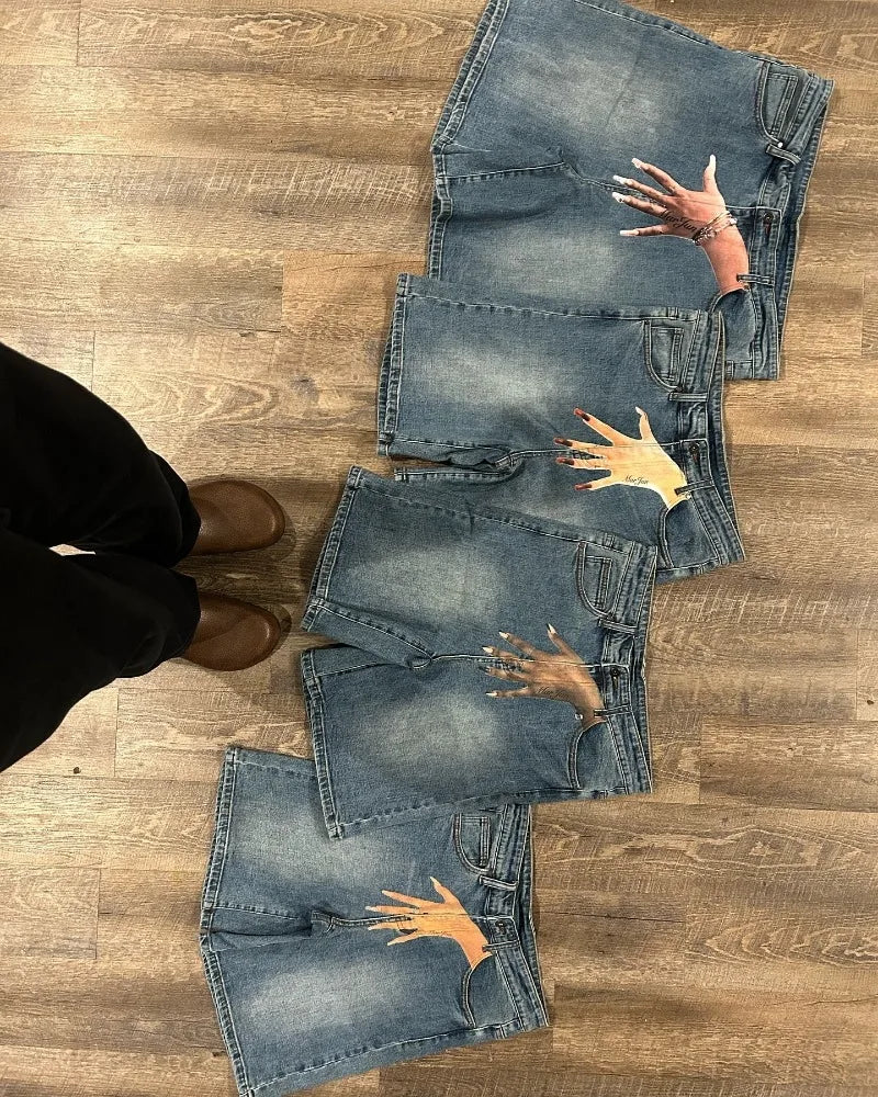 retro trendy pattern letter print oversized jeans shorts womens y2k fashion harajuku loose high waisted sweatpants couple style urban active pants