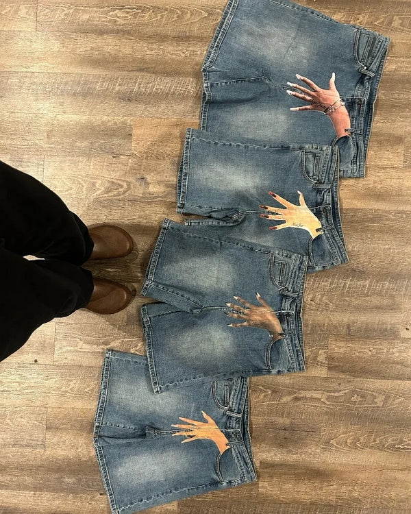 retro trendy pattern letter print oversized jeans shorts womens y2k fashion harajuku loose high waisted sweatpants couple style urban active pants