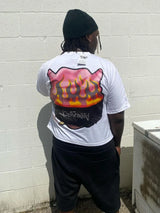 Flame graphic t-shirt with character glitch back art