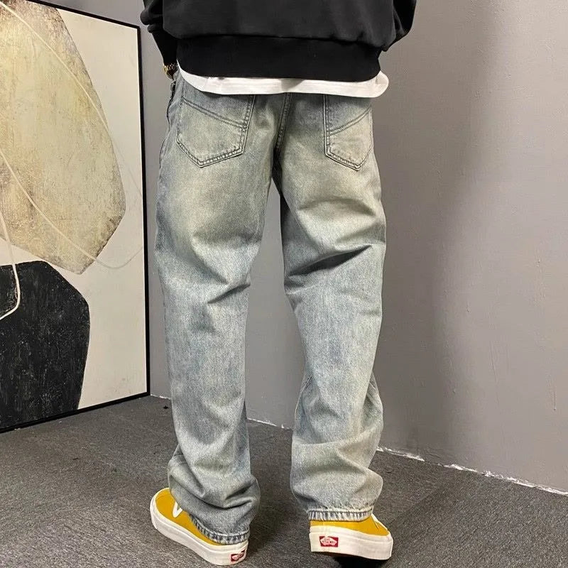 American casual ruffian handsome washed retro zipper jeans men straight loose trendy