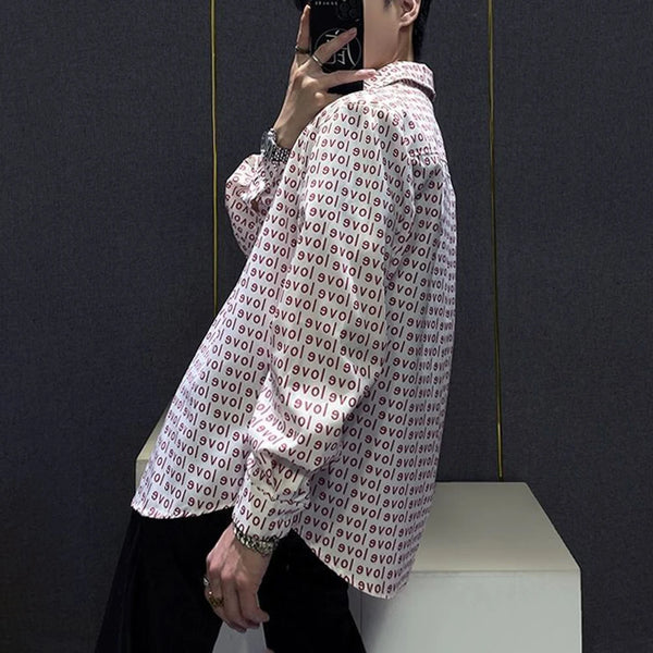 Mens Shirt Love Print Casual Shirt Autumn American Retro Light Streetwear Versatile Campus Long-Sleeve Top Men'S Clothing 2024
