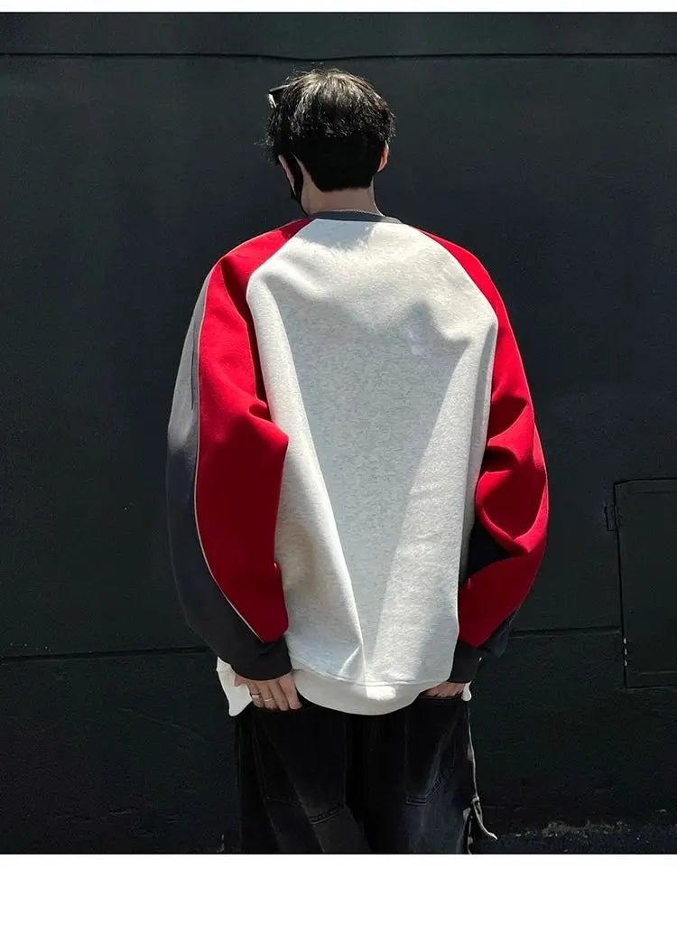 Trendy Personality Korean Motorcycle Style Round Neck Sweatshirt Men 2024 Spring Autumn Niche Contrasting Color Pullover Hot Top